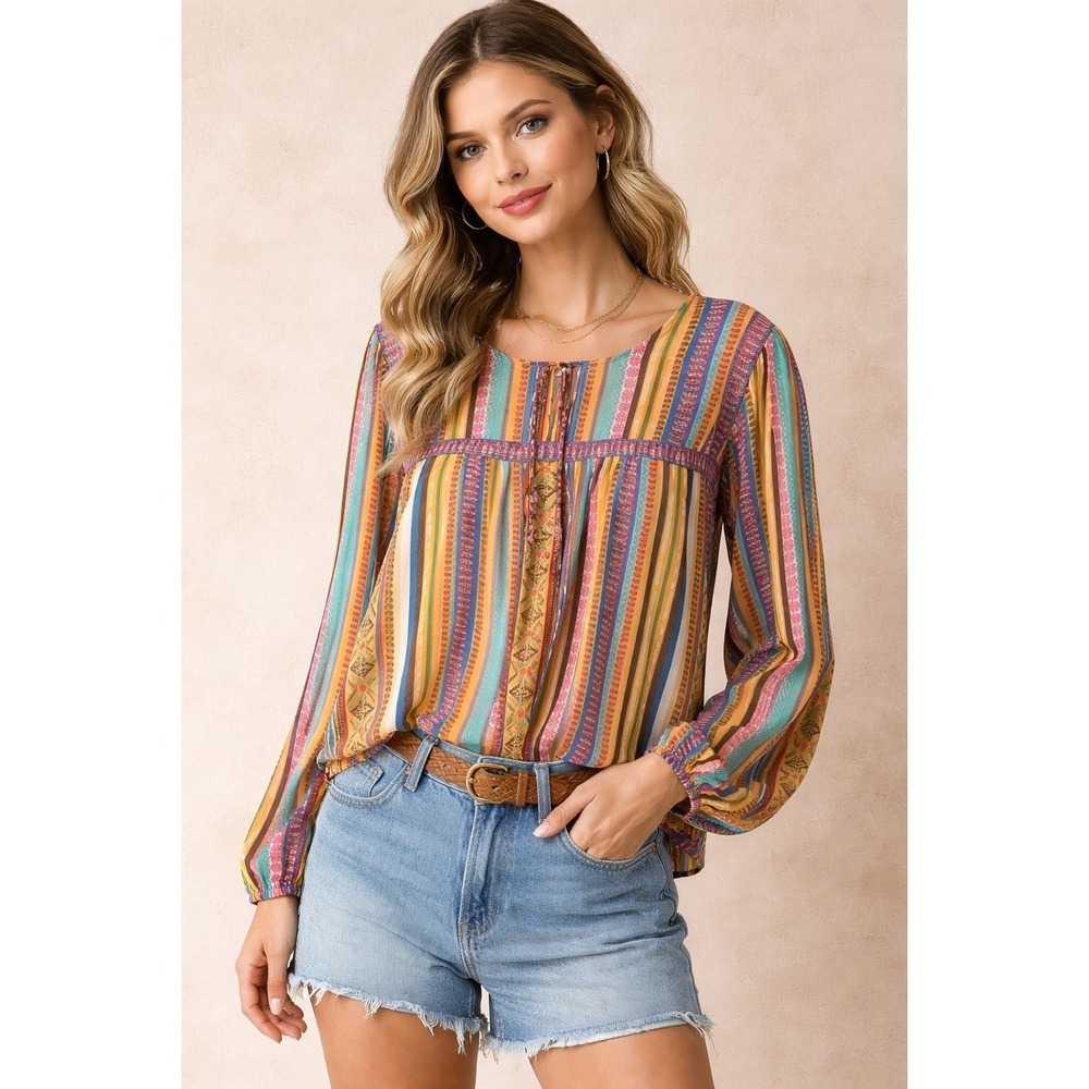 Flying Tomato 1X Plus Size Boho Striped Peasant Blouse Multicolor